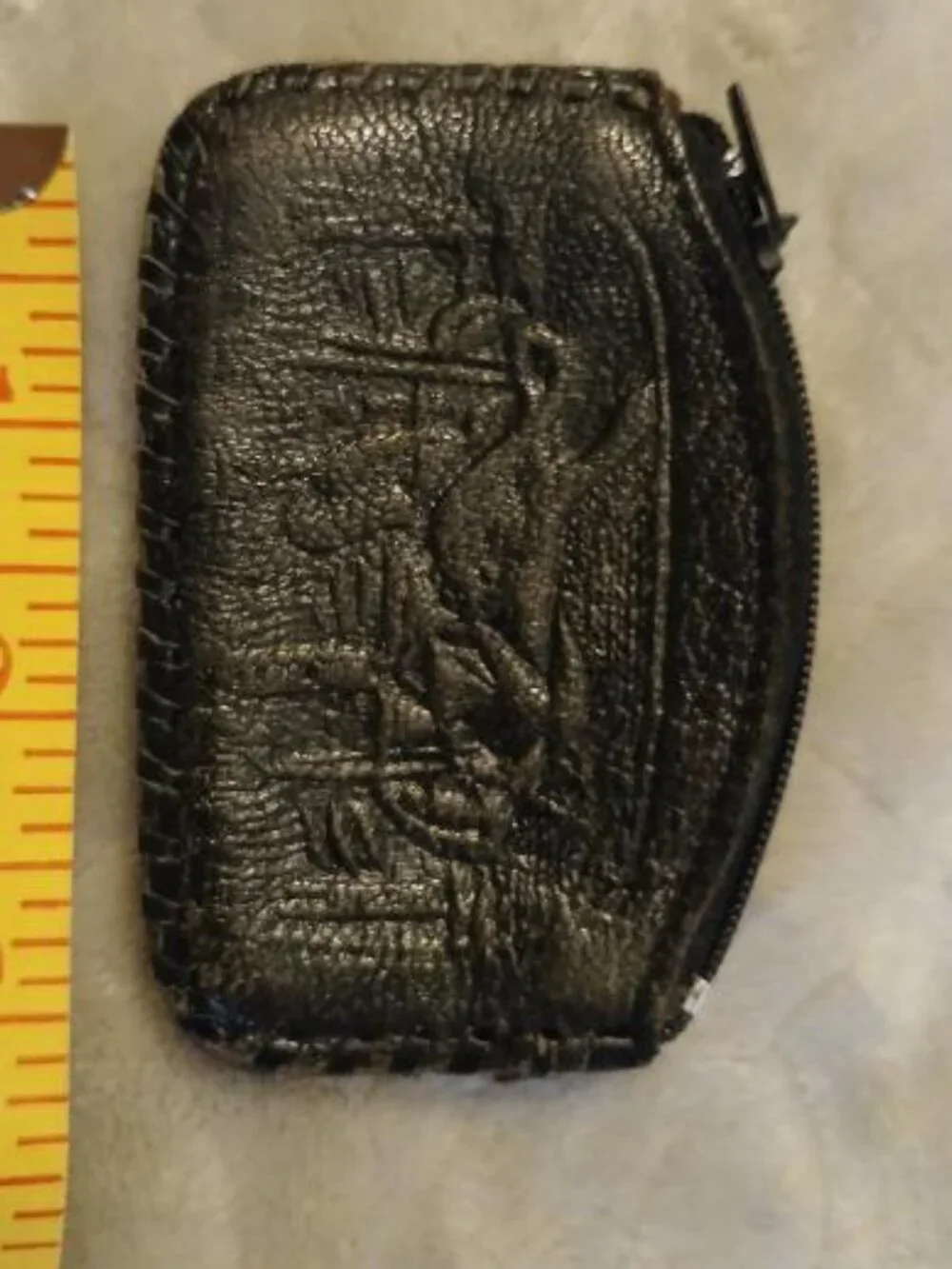 Vintage handmade black leather tooled coin purse with zipper closure